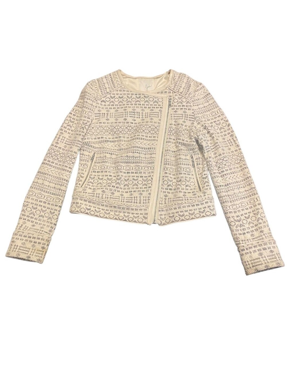 Joie Pattyn Jacket Medium Ivory Tweed Boucle Moto Zip Long Sleeve Knit Leather